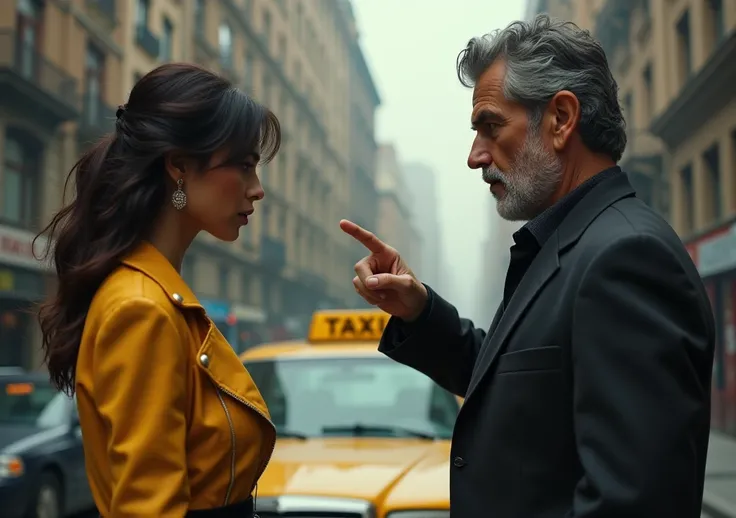 "A realistic, high-drama street scene capturing a tense confrontation between a wealthy, arrogant young woman and a humble taxi driver. The woman, wearing elegant, designer clothing and styled dark hair, stands with an angry, commanding expression. She poi...