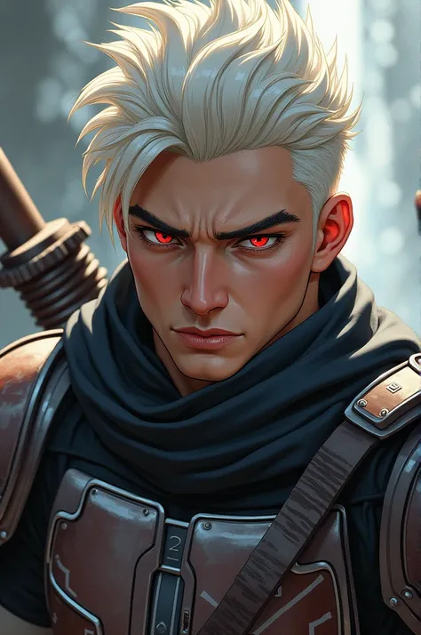 A very handsome man this man has white hair in the anime hair style and red eyes this man is a Mandalorian warrior wearing Mandalorian armor he is peeking under his helmet with a murderous look 