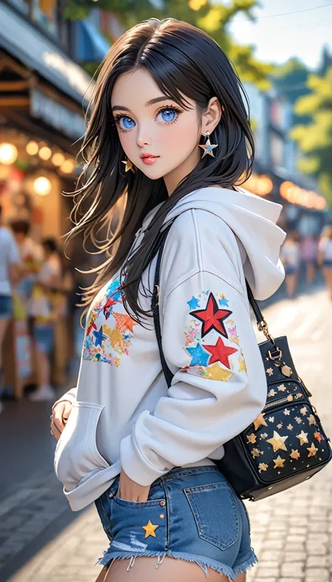 a woman with big brown eyes is looking at the camera off to the side, 1girl, hood, blue eyes, earrings, jewelry, black hair, bag, solo, shorts, looking at viewer, blurry background, hair ornament, denim shorts, long hair, blurry, star earrings, hood down, ...