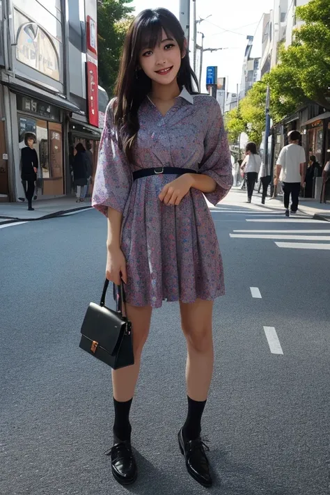 1japanese girl, cute dress, socks, flats, long hair, bang, black hair, hand bag, smile, standing, in street of harajuku, BREAK, full body shot, BREAK, (masterpiece, best quality:1.4), (8k, raw photo, photorealistic:1.2), ultra high res, detailed skin, deta...