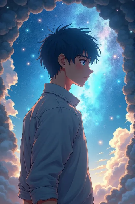 ((best quality)), ((masterpiece)), (detailed), perfect face 

Handsome guy entering a universe though portal hands in back with a calm face entering from sky

Anime style