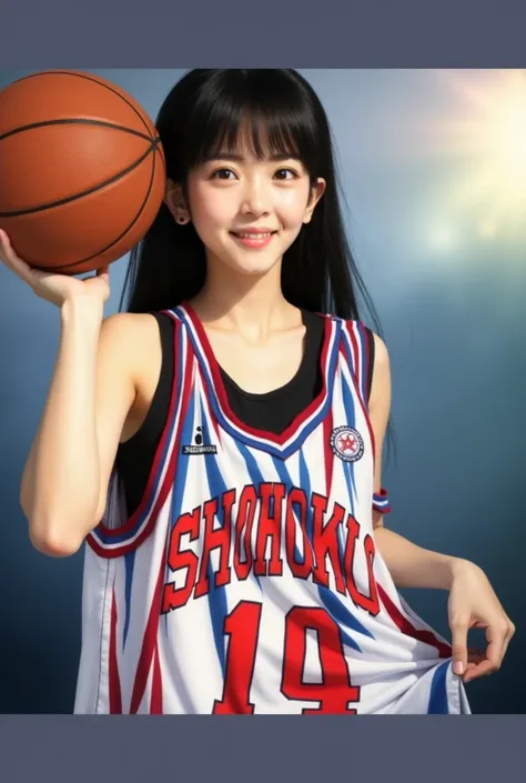  image of a Japanese woman holding a basketball ball in her hand, wearing basketball jersey, wearing SHOHOKU jersey, pretty woman, innocent looking, sweet smile, brown eyes, young Japanese woman, dark brown hair, 18 years old