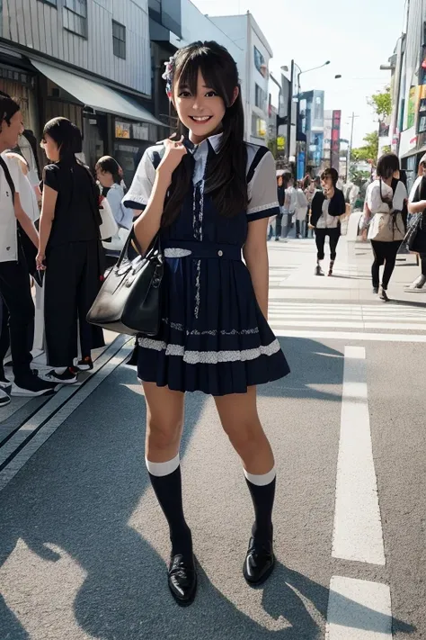 1japanese girl, cute dress, socks, flats, long hair, bang, black hair, hand bag, smile, standing, in street of harajuku, BREAK, full body shot, BREAK, (masterpiece, best quality:1.4), (8k, raw photo, photorealistic:1.2), ultra high res, detailed skin, deta...