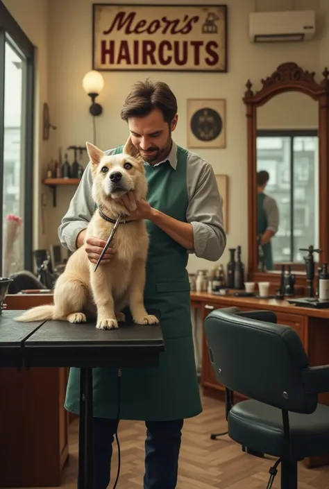 A hairdresser at the store cutting a dogs hair,  and there is a sign in the store that says the cut is for men. 