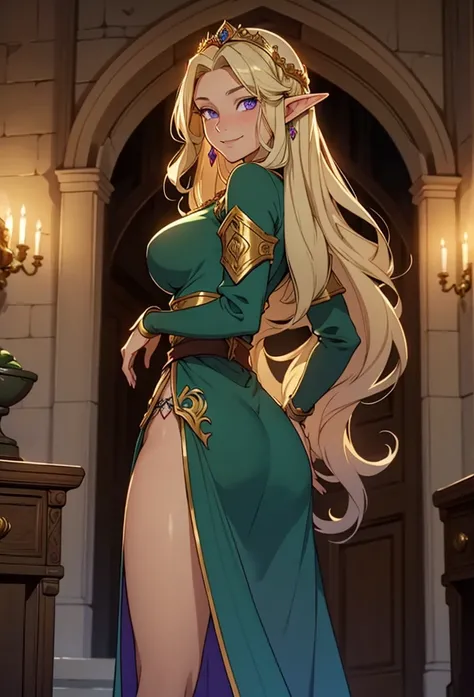 masterpiece, high quality, best aesthetics, romantic lighting, fantasy setting. An 18-year-old elf princess with long, curly blonde hair and violet eyes. She stands in a beautiful palace in Baldurs Gate, wearing a beautiful deep green-blue gown with expens...