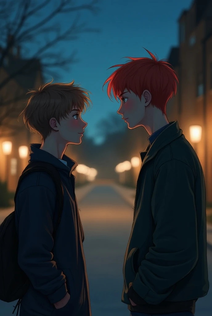  back view, two boys looking at each other ,  one with light brown hair and one with red hair, Teenagers .  college background at night ,  the brown one has indie clothes 