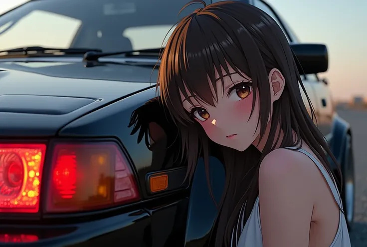 Japanese Anime Woman with Darkbrown hair and brown highlights, leaning against her tuned vanta black toyota trueno AE86 with sleepy eyes and red headlights.