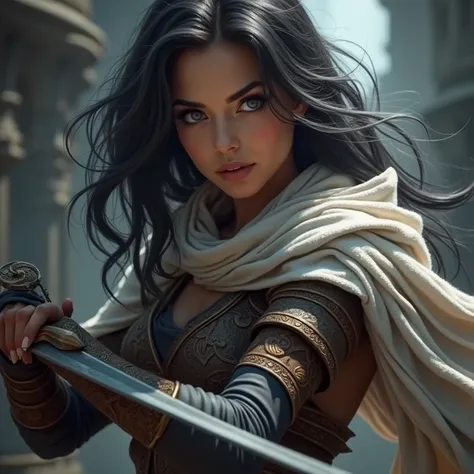 Beautiful 20 year old woman, with long wavy black hair,  blue-eyed headphones, with warrior clothes, wielding a sword  