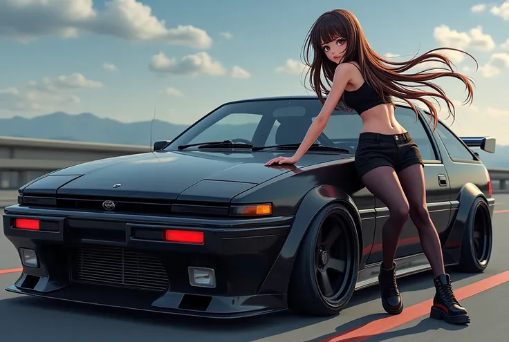 Japanese Anime Woman with Darkbrown hair and brown highlights, leaning against her tuned vanta black toyota trueno AE86 with pop up headlights and red headlights.fullbody