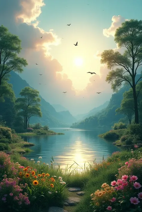  Creates a very realistic image of nature full of details like the sun,  the clouds the reflection of light , Birds. Only nature with excellent quality 