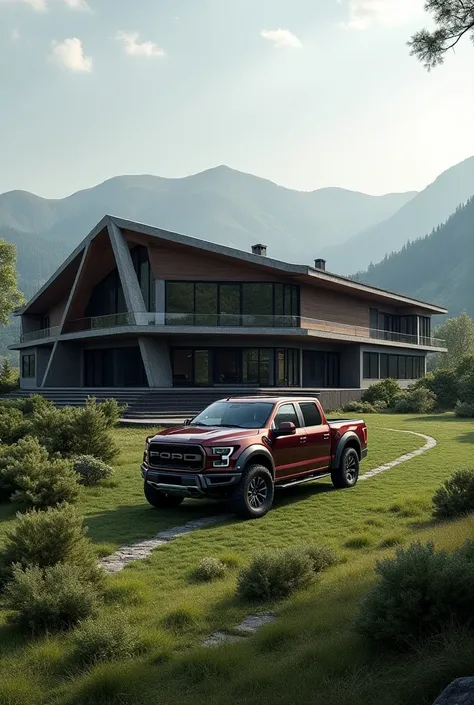 Make me a house  ,  but let the house belong to a truck ,  the Ford Raptor f 150  ,  but make it big , Beautiful 