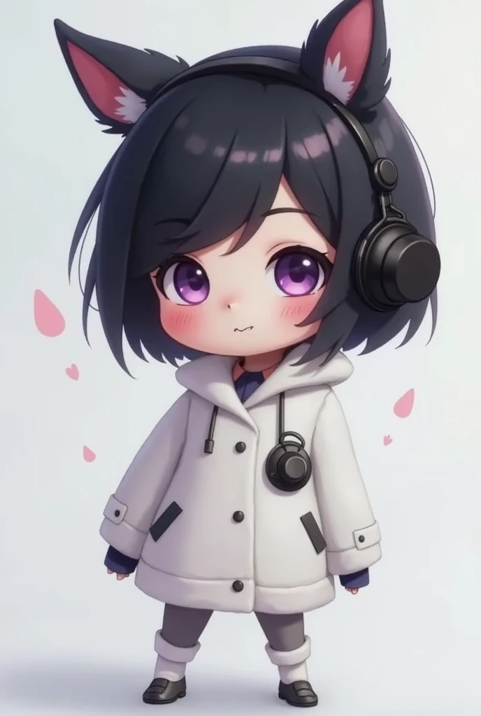 1 , Blush, purple eyes, short black hair , white coat,The black thing that wears headphones