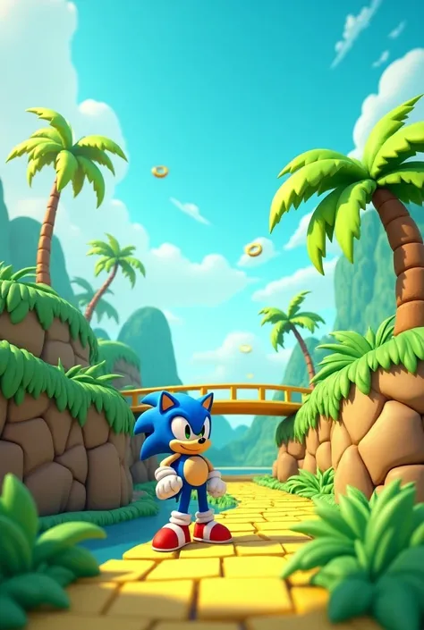 3d ilustration, Sonic game landscape based on the game, like green hill zone but in 3d solid poligonal, a coconut tree highlighted without sonic, just the landscape, yellow lumber bridge and behind, a loop of squared pattern rocks, some rings floating arou...