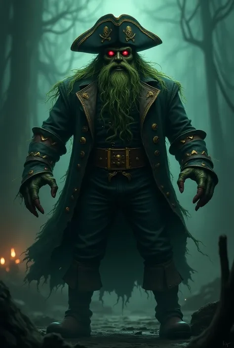 Male ghost pirate named LeChuck, with a robust and muscular build. His skin is a ghastly green with signs of decomposition. He has a long, tangled beard filled with seaweed and wears a dark, tattered captains coat adorned with gold details and a captains h...