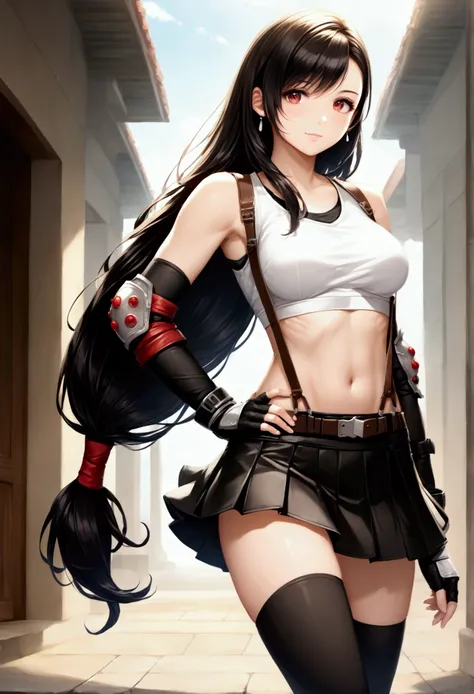 score_9, score_8_up, score_7_up,,BREAK , ,from side,front view,side angle,,standing,contrapost,upperbody ,,straight-on,Solo,1girl, tifa lockhart, final fantasy,ultra beautiful ,black hair, low-tied long hair, red eyes, bangs, (white tank top,gap),High expo...