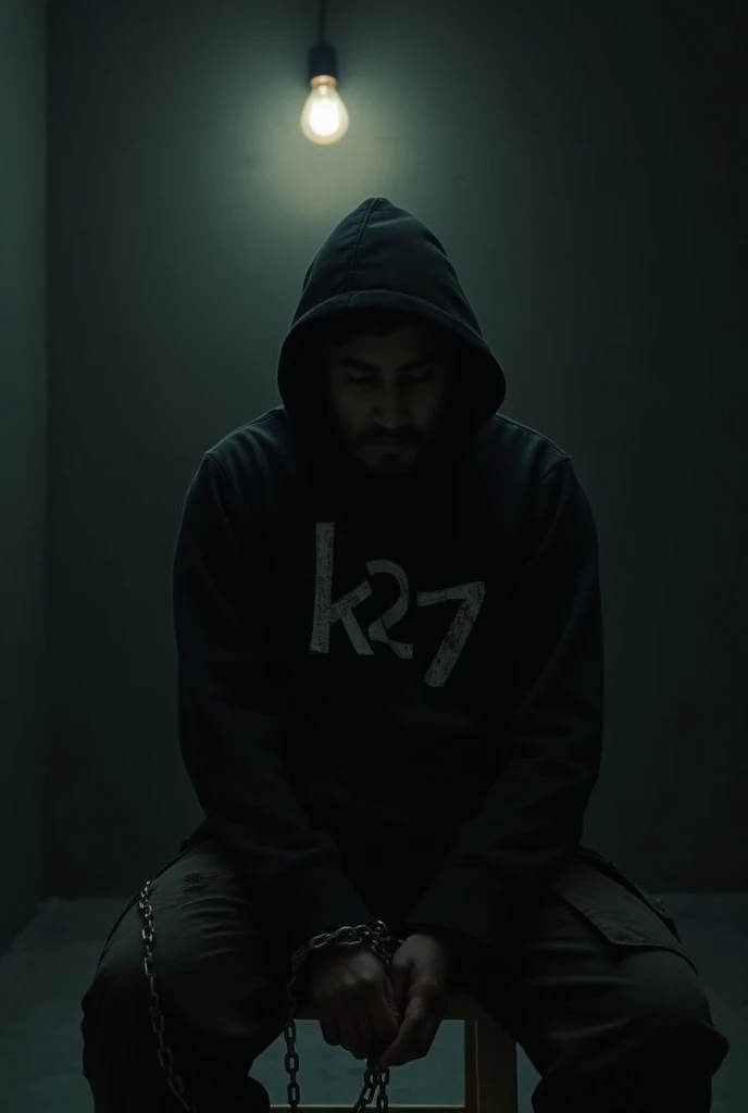 Indonesian man, wearing black hoodie with text "K27", military pants,  wounded, chained, in a black room jail, with only a light bulb, sitting on a chair, both hand crossed behind the chair, hands tied with chains.