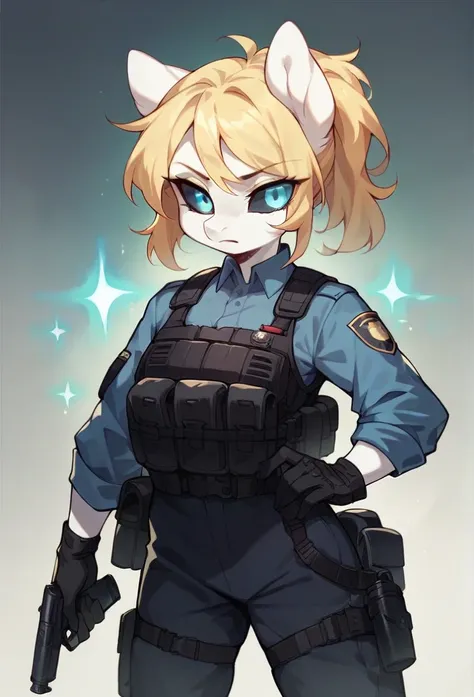 A highly detailed 1girl anthro  adult female anthro pony,long blonde hair color ,white body color,glowing light blue eyes,black sclera,black tactical suit,black gloves,black police gear,black tactical vest,standing solo,young