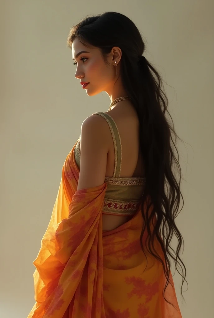 A hot woman in sleeveless blouse and saree with her long hair from back side 