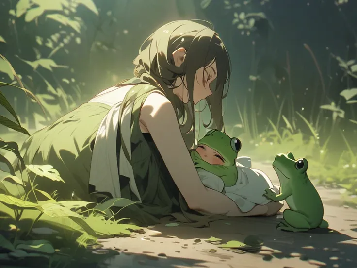 A frog woman taking care of a little baby