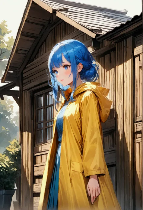 Girl with blue hair and blue eyes wearing a yellow raincoat in front of a wooden house