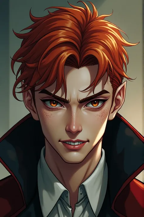 Manhwa European Art,  25-year-old male , with freckles,  Redheaded bed ,  piercing eyes, thick eyebrows,  Wears a kings costume ,   brown eyes,  Pointed ears,  fangs that stick out of his mouth, ., A Threat ., sexy, sensual,  Sharp jaw,  knowledge ,  Cold ...