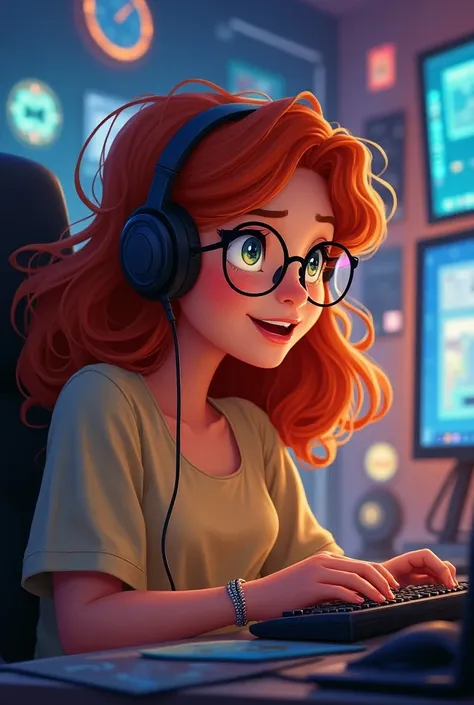 Draw in Disney style ,  a woman with red hair and fair skin wearing glasses and a gamer headset having a lot of fun and playing on several computers 