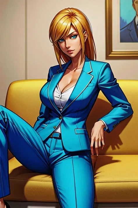 Samus Aran, wearing a light blue blazer womens suit, trousers, medium bust, full body shot, poses sitting vincent on the sofa at home, at home, in the afternoon, looking at the viewer.