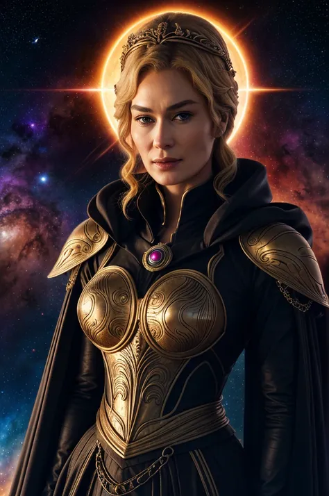 beautiful 30 year old Cersei Lannister, elegant futuristic sci-fi gown, authoritarian, incredible stellar sci-fi, supreme Empress of the Galaxy, propaganda, Dune inspired, massive galactic nebula background, detailed textures, sharp focus, ultra-high pixel...