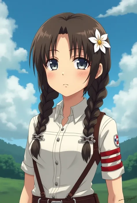 Attack on titan female adult character in the Studio Mappa season four anime style.
With two thick brown braids and a straight fringe with a white flower in the hair.
Icy grey eyes looking soft and shy.
Chubby face and big body with tanned skin.
Big soft a...