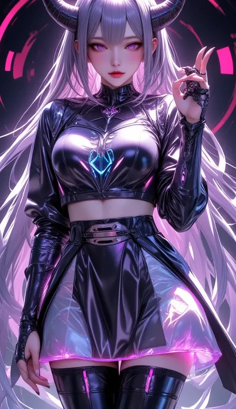 One young and beautiful woman,(Best Quality, Extremely Detailed Description , Incredibly Absurd Hi-Res,High quality anime drawings:2.0),(「Cyber Devil Maid 」 Japanese Actress in a Villain Costume ),( Action Poses Like a Sci-fi Hero Show ),( and futuristic e...