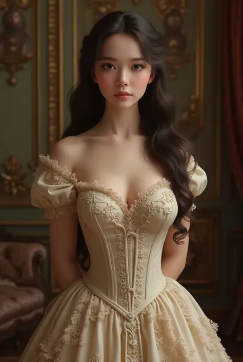 1 girl,  period dress ,  hyperrealistic, soft features,  big round breasts ,  long hair,  victorian dress,  rococcó dress , rococcó style , Victorian style,  Best quality,  full body wool sweater