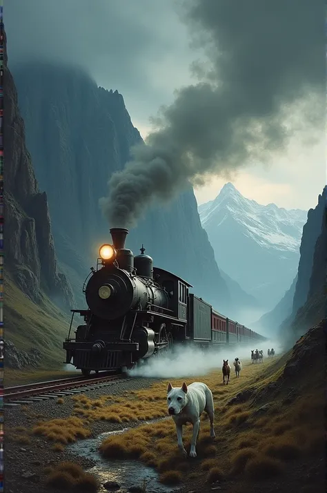  Painting of an old locomotive passing over a mountainous landscape under a strong storm with cloudy skies, Rays, Thunders, Mystery weather, some horses running in the distance , night,  a white Pitbull watching from the back far away and close to the fram...