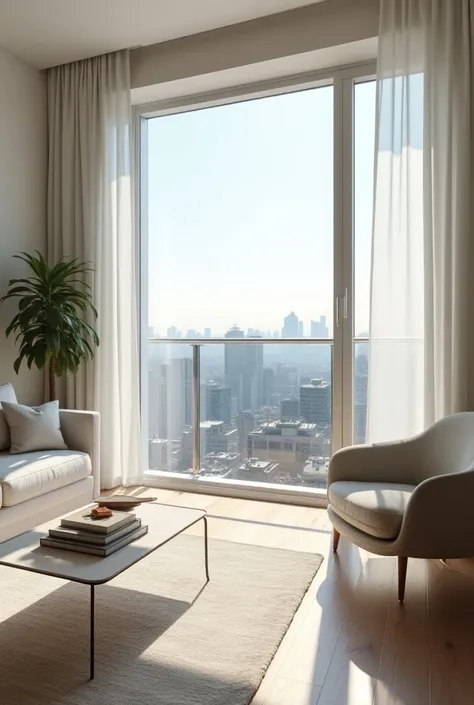  A photo of the apartment ,  highlighting large and well-lit environments .  Make sure to show the apartment with good natural light , clean and modern .
 Visual elements that refer to practicality and convenience,  such as an open window showing the city ...