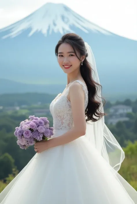 Chinese half-haired beautiful girl with long black hair wearing a white wedding dress, looking straight at the camera, holding a bouquet of purple flowers, smiling happily. The background is a view of Mt. Fuji.