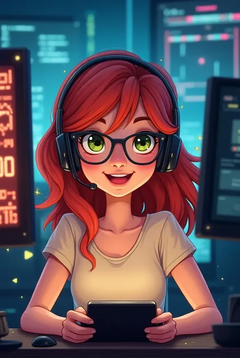 Draw in Disney style , a woman with red hair, fair skin, greenish brown eyes ,  wearing glasses and a gaming headset having a lot of fun and playing on several computers 