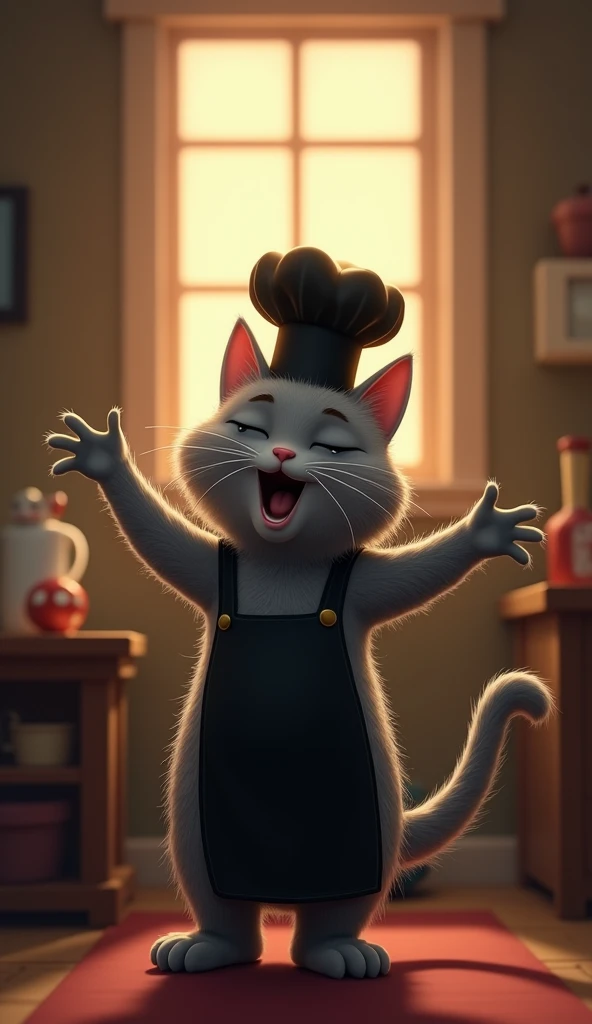 As the first light of dawn appears, Chef Whiskers gray cat wearing black apron and black cheif hat yawns and stretches, looking sleepy but content. His kitchen friends wave goodbye as he heads back to his little bed, his chef’s hat slightly slipping as he ...