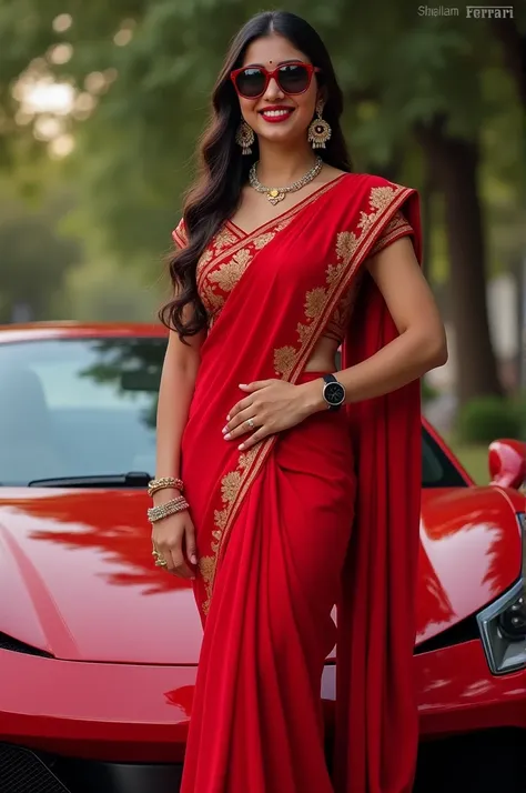 high quality, 8K Ultra HD, A beautiful  indian women wearing a red saaree ,red lipstic,bride look,and white shoes,wearing sun glasses,black watch,standing  on the feraari car  back seat  
fair color,big breast 34 ,one hand is on the weist ,smiling face , f...