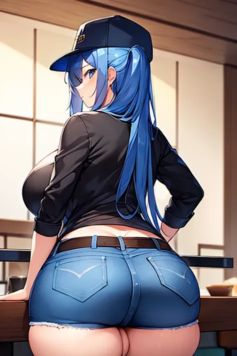 1girl, blue hair, long hair, large breasts, thick thighs,, shirt, black shirt, cap, belt, pants, jeans, bent over, ((bent over)), restaurant, hands on own knees, huge ass, from behind, ((from behind)), 