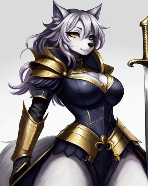 a full body shot, Wolf woman anthropomorphism, dressed in armor holding a sword and armor, in the style of kawacy, dynamic and expressive animations, jessie arms botke, white and gold, blink-and-you-miss-it detail, transparent/translucent medium, functiona...