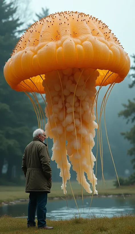 This years photo is a 16k close-up shot of  (Golden jellyfish)(, a prehistoric )(Very fat )( and 10 meters high)  with an old man wearing silent glasses. The background is a lawn area with a natural pond in the back, calm and cool.,Very high-resolution ima...