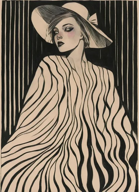 chiaroscuro technique on sensual illustration of an elegant  glamour a girl with elegant hat black and white barcode generates the subtitles, vintage beauty, eerie, the model draped in flowing, thick oil painting, by Hannah Dale, by Harumi Hironaka, extrem...