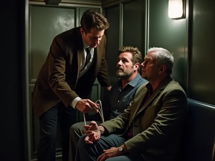 Inside a cramped train cargo compartment, a detective in his 40s with brown hair, wearing a brown coat, urgently untying two men. The informant, a man in his 30s with a scruffy appearance, brown hair, and worried expression, sits beside a man in his 40s wi...