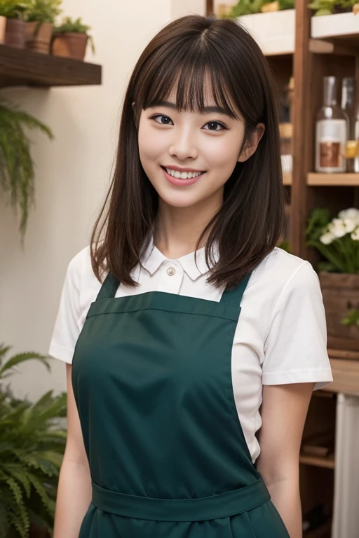 1 korean lady solo, /(staff uniform/) /(deep green apron/), /(brown hair/) bangs, blush kind smile, (masterpiece best quality:1.2) delicate illustration ultra-detailed, large breasts BREAK /(flower shop/)