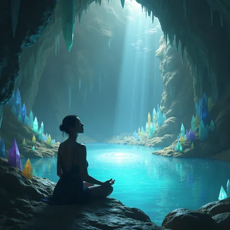 A photorealistic image of a crystal cave shimmering with otherworldly light, featuring intricate crystalline formations and a mysterious pool of luminous water, with a figure meditating near it.