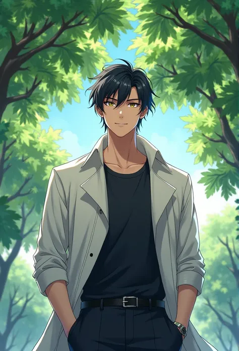 Handsome anime guy with short black hair and bright eyes，The body is well-proportioned and robust。Clothes wearing a white trench coat、Under the trees