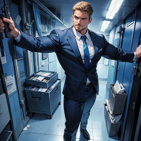 1 man, male focus solo,45 yo man,Stephen AMELL as private investigator,  lean muscle, blue shirt, marine blue businessman suit ,( tie) ,( big bulge), full body shot, dark blond short hair, well groomed facial hair, holding a gun with one hand, , ultra high...