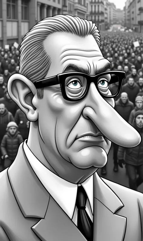 Caricature. 
La scène se passe dans les rues de Paris.
Le général de Gaulle en tête de cortège dans une manifestation anti-pass. 
Il lève de poing.