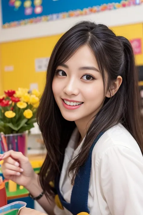 A continuation of the charming and cute depiction of a dream girlfriend as a kindergarten teacher, focusing on her photogenic and picturesque qualities. She displays a radiant smile, exuding a sense of spring warmth and happiness, uplifting the spirits of ...