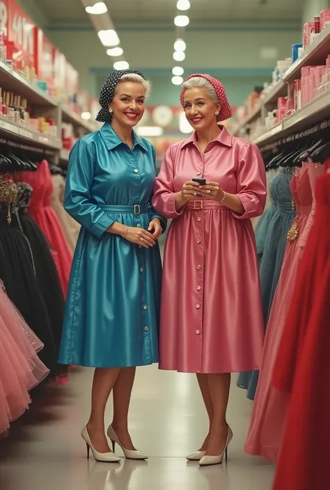 Two slightly plump older women in blue and pink shiny satin raincoats, full make-up, white high heels and silky blue polka dot headscarves shop for lipsticks and skirts amid rails of satin gowns and petticoats in 1950s cosmetics department store