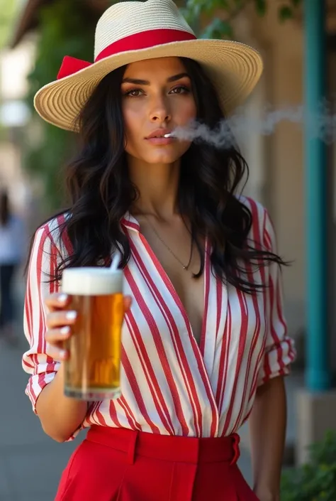  long wavy black-haired brunette woman , apart,  wearing a short white Panama hat ,  that almost covers her face with a red ribbon ,  wearing a casual white and red striped shirt, sleeve,  holding a beer glass and deck , wearing long red pants , smoking ci...